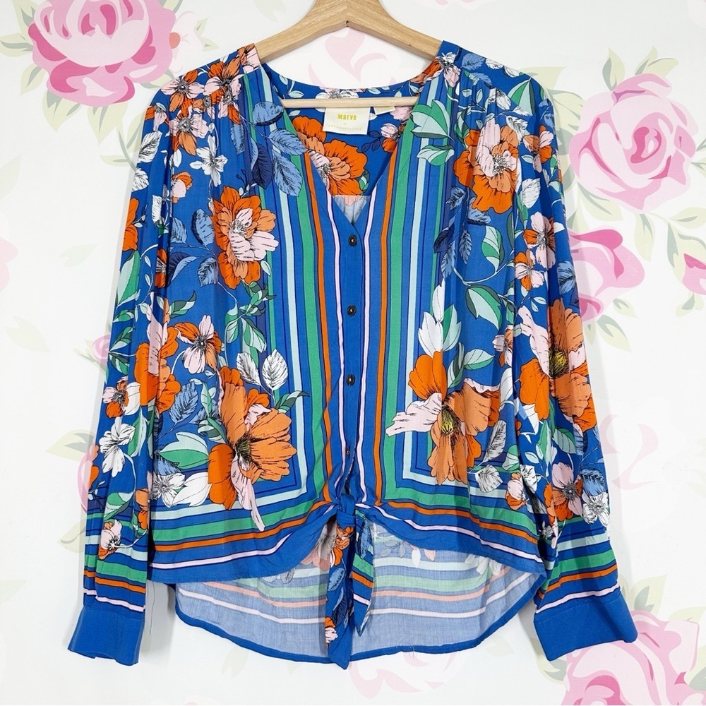 Anthropologie Maeve Floral Blue and Orange Cuffed Sleeve Blouse S